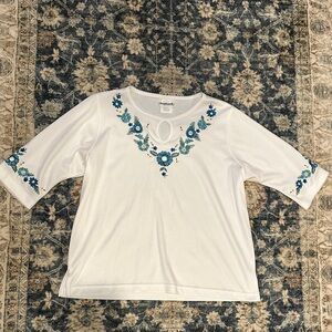 Alfred Dunner White Blouse with Blue Floral Embroidery
